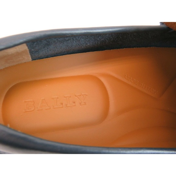 BALLY PIRAS NAVY BLUE PERFORATED LEATHER WEB LOGO LOAFERS  display picture 3